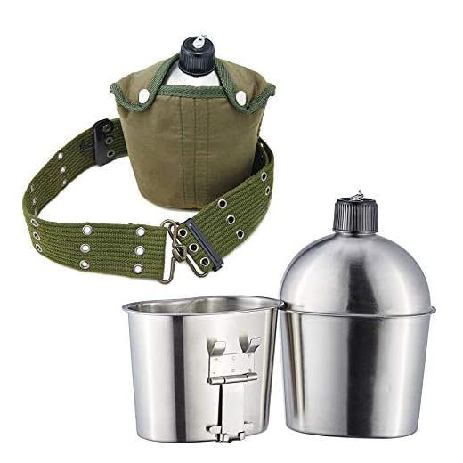 Pinty G.I. Army Stainless Steel Canteen Military with Cup and Green Nylon Cover Waist Belt for Camping Hiking (Cup with foldable handle A)