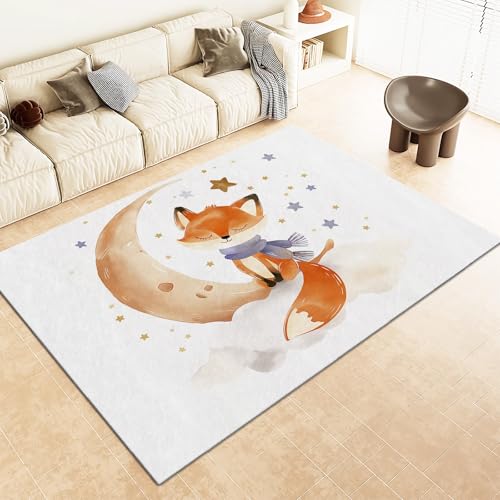 Srigzcaly Tapis moderne et lavable pour enfants - Tapis doux et antidérapant - Motif renard et lune - 60 x 90 cm - Aquarelle - Pour salon, chambre à coucher...