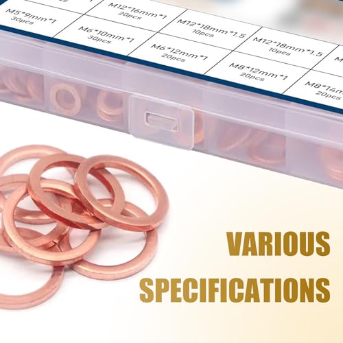 Image of 200 PCS Car Flat Gasket Classification Kit, Oil Pan Plug Sealing Gaskets, M5 M6 M8 M10 M12 M14 Copper Metric Washers, Universal Accessories for Most Car (Gold), SEPDP2400GO-200PCS