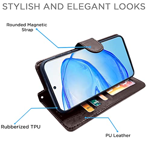 Image of Pikkme Vivo V25 Pro 5G Flip Case Leather Finish | Inside TPU with Card Pockets | Wallet Stand and Shock Proof | Magnetic Closing | Complete Protection Flip Cover (Coffee)