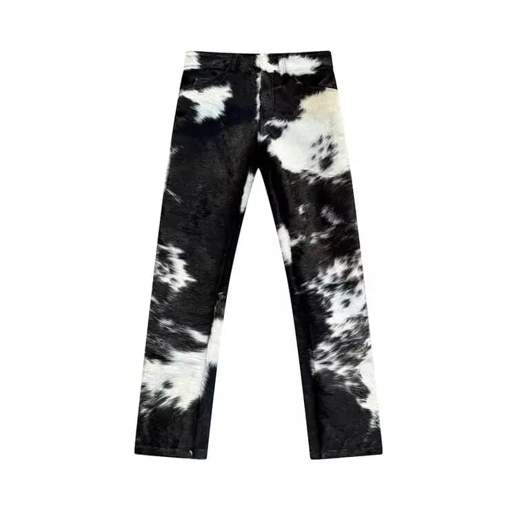 Men's Genuine Cowhide Leather Natural Hair on Cow Print Pony Skin Jean Natural Western Rodeo Biker Pant
