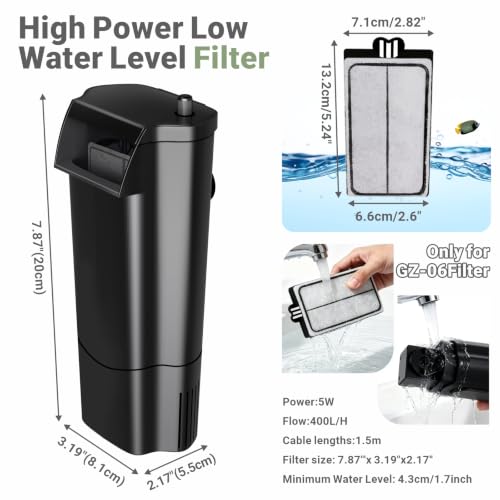 Image of GOZILLA Turtle Tank Filter 105GPH, Low Water Level Turtle Tank 5W Fish Tank Aquarium Filters for Small Tanks up to 20 Gallons Include 4 Replacement Cartridge.(Black)