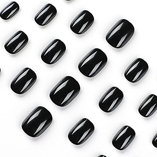 Square Press On Nails Short Fake Nails Nude Acrylic False Nails Extra Short Black Artificial Nails Glossy Solid Color Full Cover Glue On Nails Stick On Nails For Women Girls Manicure Art Decorations 24 Pcs #TOP2