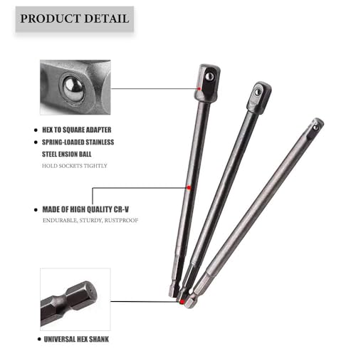 Image of AASONS Impact Socket Adapter Set 6 Pcs For Tight Spaces Power Bit Holder 1 /4 inch 3 /8 inch 1 /2 inch Hex Shank Impact Driver Holder, 50-150mm Extension Rod Nut Setter Attachment