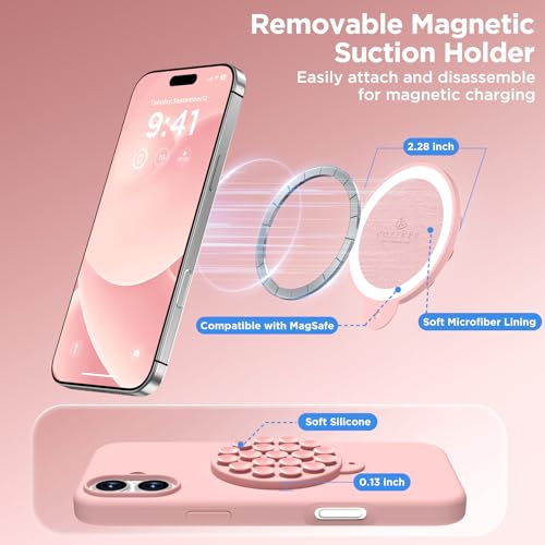 Image of Magnetic for iPhone 16 Case, Compatible with Magsafe, Suction Cup Phone Mount, [2 Screen Protectors][Camera Lens Protector] Silicone Shockproof Protective Slim Phone Cover 6.1 inch, Peach Pink
