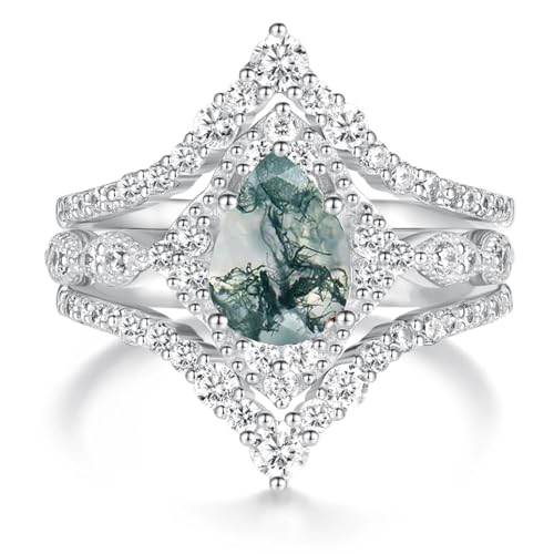 3PCS Natural Moss Agate Wedding Ring Set for Women with Moissanite 1CT Center Pear Cut Natural Moss Agate Ring Set 925 Sterling Silver 10K 14K 18K Gold