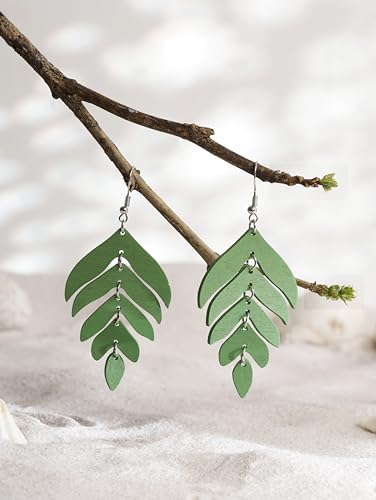 MINACHI Bohemian Chic Green Wooden Layered Leaf Dangle Drop Earrings, Boho Jewelry Gift for Women3