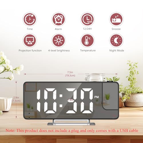 LOFICOPER Digital Projection Alarm Clock for Bedroom, 180° Rotatable Projector, 7.9'' Large LED Display with Temperature, Snooze, Adjustable Brightness, USB Cable, Nightstand Clock for Home Office - Image 2