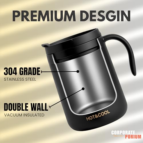 Image of CORPORATE PORIUM Customised Vacuum Insulated Travel Coffee Mug with Lid Keeps Cold for 14 Hours and hot for 8 Hours Hustle-Free Lock System Stainless Steel 350ml-Dark Black | Leak Proof| Thermos Mug