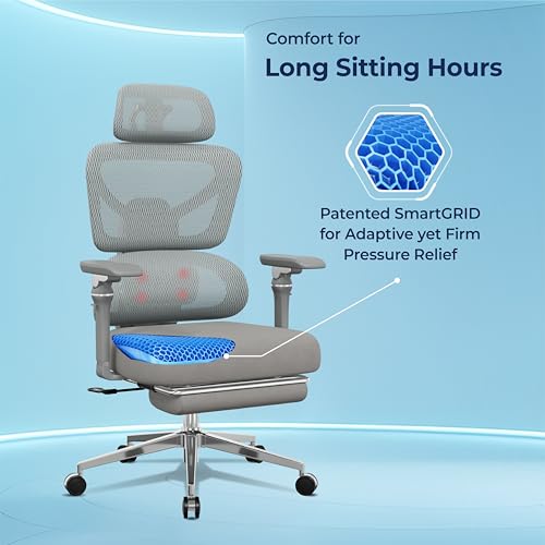 Image of The Sleep Company Tranquo Massager Ergonomic Office Chair | Patented SmartGRID Seat | Kneading Lumbar Massager | 2D Headrest | 7D Armrests | 135 Recline, Chrome Wheelbase | Free Installation | Grey