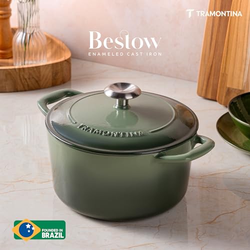 Image of TRAMONTINA Bestow Round Dutch Oven 3.3L with Lid | Enameled Cast Iron Casserole Pot & Biryani Pot | Even Heat Retention | Low Oil Healthy Cooking | No Seasoning Required | All Cooktops Compatible | Green