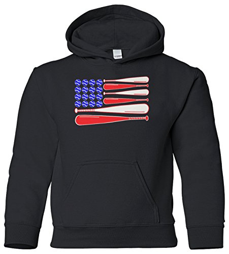 Threadrock Kids Baseball and Bat American Flag Youth Hoodie Sweatshirt L Black