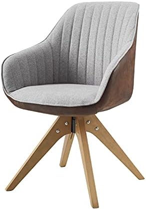 Art Leon Mid Century Modern Swivel Accent Chair with Beech Wood Legs, Desk Chair No Wheels, Armchair for Desk, Brown Leathaire Back Side and Gray Fabric Upholstered