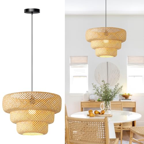 Daoseolo 18inch Bamboo Rattan Pendant Light, 3-Layer Hand-Woven Wicker Boho Hanging Ceiling Light Fixture, Beige Rustic Farmhouse Chandelier Lamp for Kitchen Island, Dining Room, Bedroom, Living Room