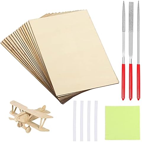BIGKASI 15Pcs Wood Sheets Balsa Wooden Plate Model Craft Thin Balsawood Sheets Unfinished Natural Wood Plywood with Round Flat Triangle File for DIY Mini House Ship Model Making 150mm x 100mm x 2mm Cover