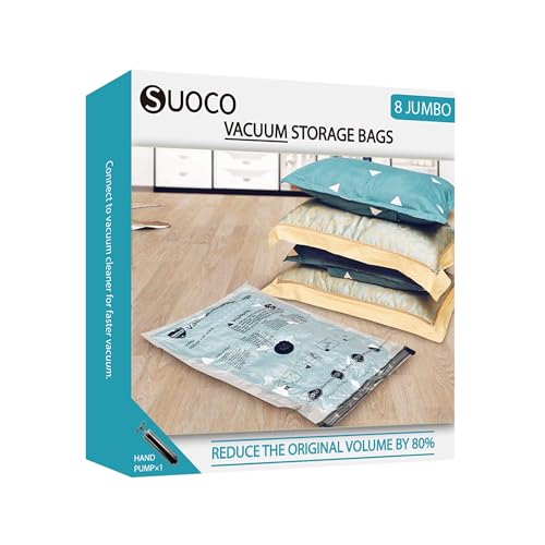 SUOCO Vacuum Storage Bags 8 Pack (Jumbo 30" x 40") Space Saver Compression Bags with Travel Hand Pump