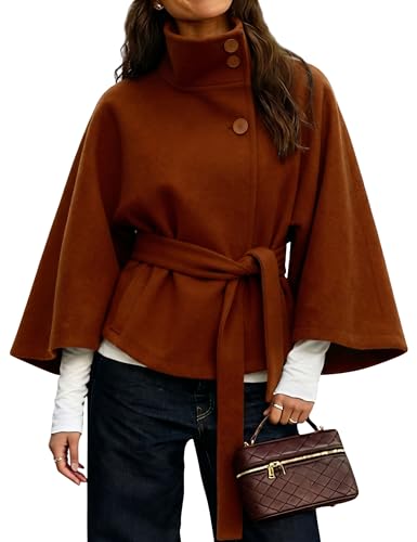 Image of Hooever Women Batwing Sleeve Ponchos Pea Coat Wool Bland Stand Collar Jacket Winter Cropped Overcoat(Caramel-M)