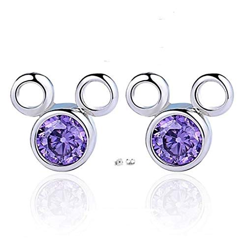 Disney Mickey Mouse Stud Earrings Purple Crystal 925 Solid Silver