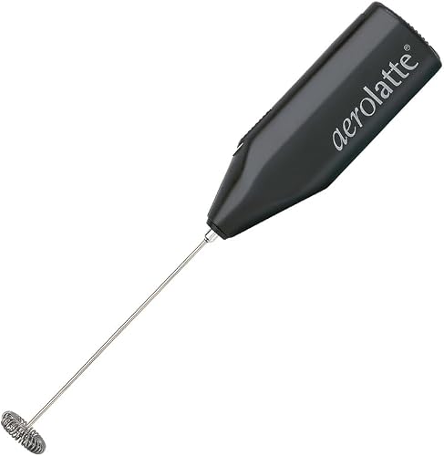 Aerolatte handheld battery milk frother on its counter stand