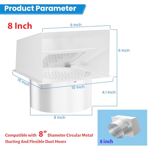 AOWALEN 8" Dryer Vent Cover Outside, Hooded Dryer Wall Vent with Screen and Damper, Heavy Duty Exterior Vent Cover for Dryer Vent Kitchen Range Hood Outdoor Air Exhaust (8 Inch-White) by Aowalen - Image 2