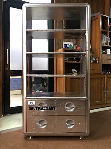 Nauticalmart Art Deco Vintage Flyer Furniture Luxury Designer Aluminum Bookcase With Drawers Vintage Aviator Furniture #TOP2