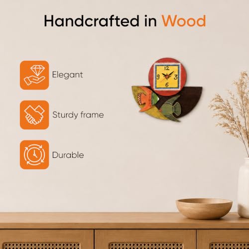 Image of AAKRITI ART CREATIONS Wall Clock Handcrafted Wooden with Fish Motif Multicolor | Clock for Home, Home Decoration | Abstract Art Wall Clock, Lightweight Wooden wall Decor | Matte Finish