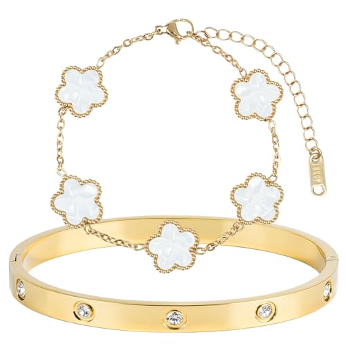 2pcs 18K White Gold Plated Clover Bracelet, Lucky Clover Bracelet