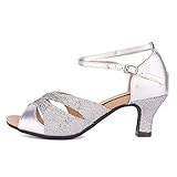 JUODVMP Damen Glitzer Latein Tanzschuhe Geschlossene Zehe Pailletten Ballsaal Tanzschuhe Salsa Hochzeit Party, Silber -7 cm,42 EU