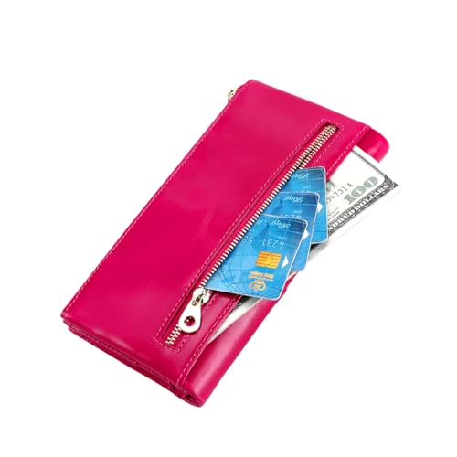 Image of Women's RFID Blocking Wallet Soft Leather Clutch Money Ladies Purse Slim Card Holder Organizer Zip Pocket (3020-Rose red)
