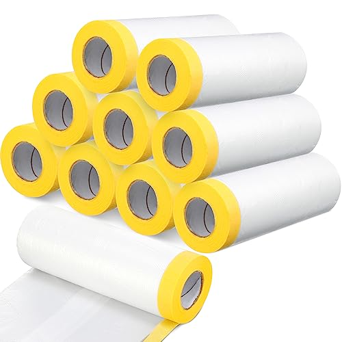 Image of Seajan 9 Roll Painters Plastic with Tape Pre Taped Masking Film for Painting Automotive Paint Adhesive Protective Film Masking Tape Roll Plastic Painting Covering (White,5 x 65 Ft)
