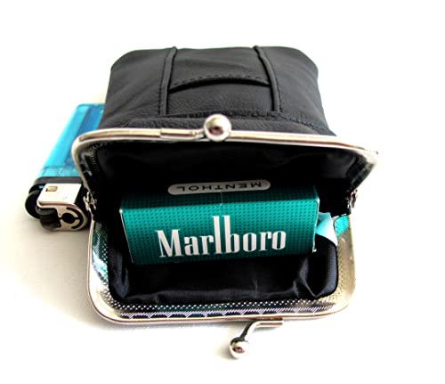 100'S 120'S 100% Genuine Leather Cigarette Case Lighter Pocket Kiss Lock Metal Twist Clasp Slim Durable -Black #TOP7