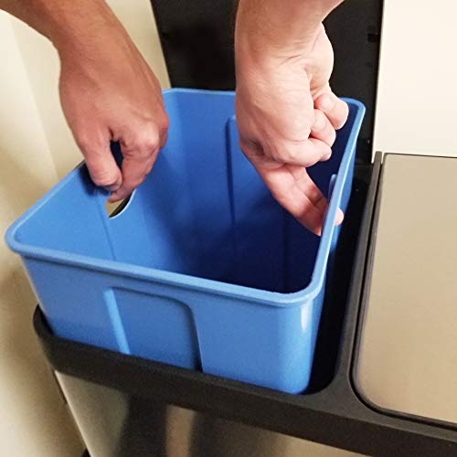 Itouchless 16 Gallon Dual Step Trash Can & Recycle, Stainless Steel Lid And Bin Body With Handle, Includes 2 X 8 Gallon (60L) Removable Buckets Are Color-Coded, Soft-Close And Airtight Lid, Silver #TOP3