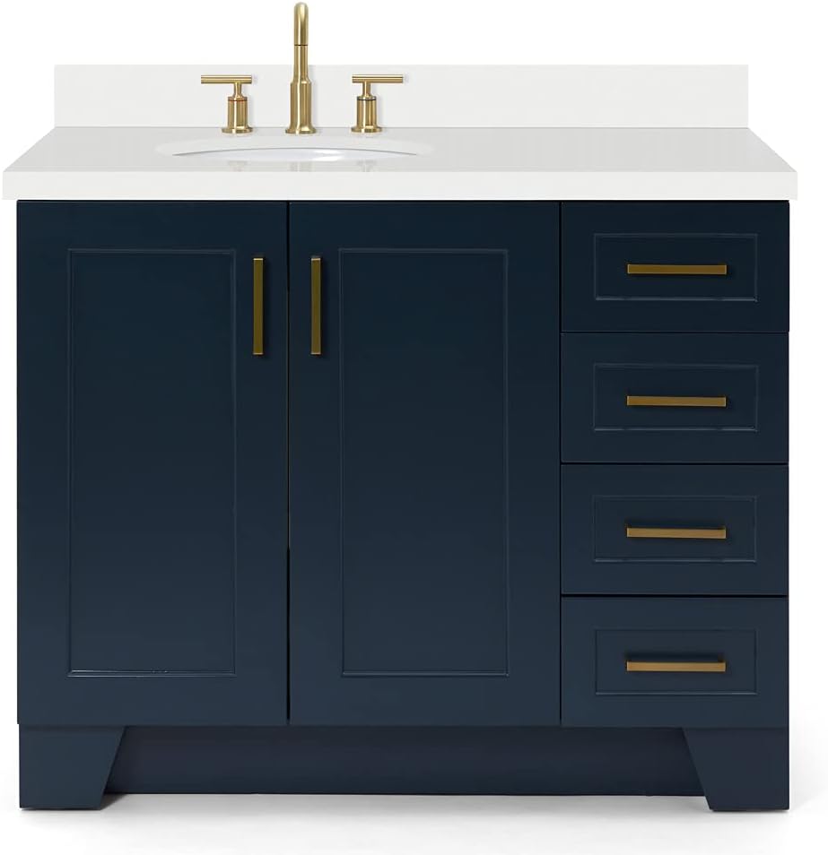ARIEL Taylor 42-inch Bathroom Vanity with Sink,Solid Wood, 1.5-inch Pure White Quartz Countertop & Backsplash, Single Oval Porcelain Sink, 2 Soft Closing Doors, 5 Dovetail Drawers, Midnight Blue