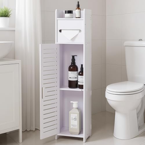 トイレ収納ラック スリム ランドリーラック 省スペース 隙間対応 ティッシュ収納 小物置き 幅15×奥行15×高さ80cm トイレットペーパーストッカー 組立簡単 扉付き おしゃれ トイレ 洗面所 玄関 寝室用