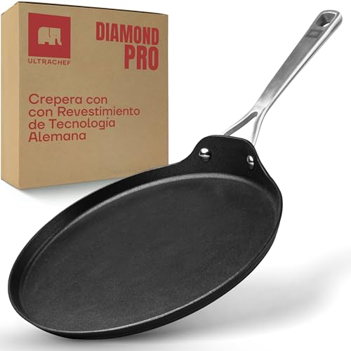 Opiniones de Sartenes para crepes comprados en linea. 45 ULTRACHEF Crepera Antiadherente Diamond Pro. Mango de acero inoxidable. Libre de PFOA, Comal de Cocina. 28 cm