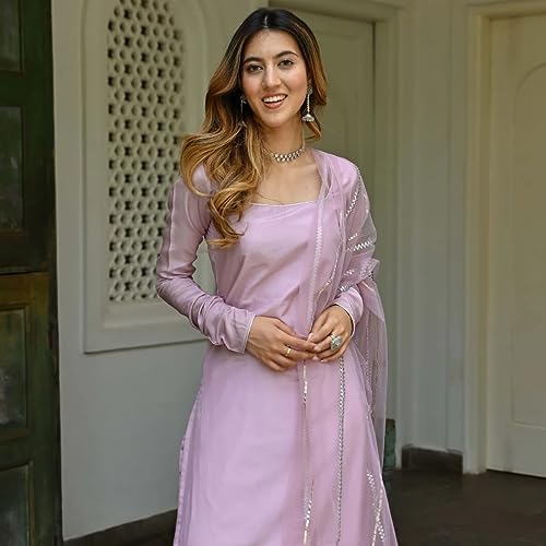 Image of GoSriKi Women's Cotton Blend Straight Solid Kurta with Pant & Dupatta