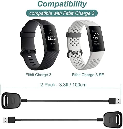 Charger for Fitbit Charge 3, Replacement USB Charging Cable Clip Cord Dock Stand for Fitbit Charge 3 Fitness Tracker [2-Pack, 1m/3.3ft]