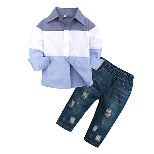 Image of MYGBCPJS 3Pcs Boy Handsome Outfit Set Plaid Shirt + T-Shirt + Suspender Jean Sets