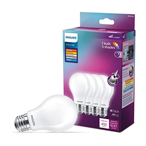 Philips LED White Dial Flicker-Free Frosted Dimmable A19 Light Bulb - EyeComfort Technology - 450 Lumen - 5 Shades of White - 5W=40W - E26 Base - Indoor - 4-Pack Philips LED White Dial Flicker-Free Frosted Dimmable A19 Light Bulb - EyeComfort Technology - 450 Lumen - 5 Shades of White - 5W=40W - E26 Base - Indoor - 4-Pack