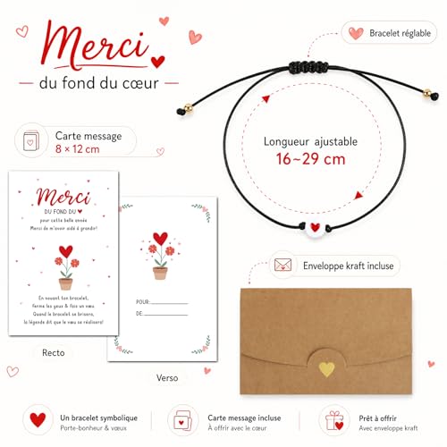 DOORIO Cadeau Remerciement Bracelet Perles Coeur Rouge Carte de Vœux avec Enveloppe Kraft Bracelet de Vœu Cadeau pour Maîtresse Nounou ATSEM Coach Fête Anniversaire Fin d’année Noël – vue 2