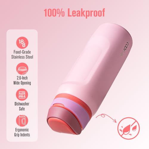 Image of Coolflask MegaSip Insulated Water Bottle with Straw, Stainless Steel Water Bottles Leak-Proof, 24+ Hours Cold, BPA-Free Dishwasher Safe, Water Flask for Sports Gym Work Office 32 oz, Blush Pink