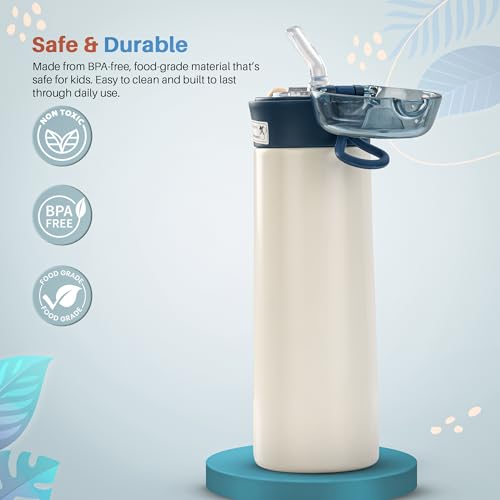 Image of BAYBEE Dreamer Sipper Water Bottle for Kids | Spill Proof Anti-Rust Steel Sipper Water Bottle for Kids with Straw | BPA Free Drinking Training Sippy for School Toddlers Boys Girls (White)
