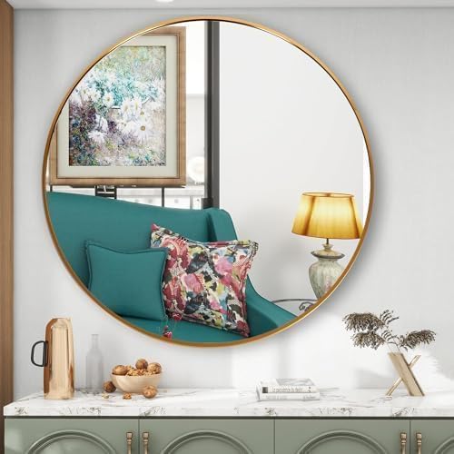 Image of Sidra Decor Decorative Round Wall Mirror with Metal Frame | Hanging Vanity Mirror for Bathroom, Bedroom, Hallway | Home Wall Decor in Gold, Black, White HD Mirror for wash Basin (Gold 20 Inch)