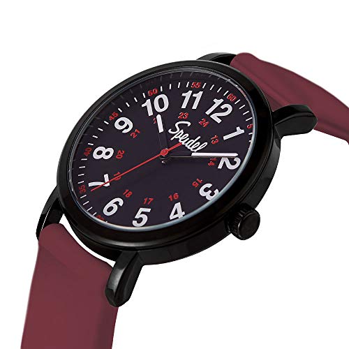 Speidel Original Scrub Watch™ for Nurses, Medical Professionals, Mens and Womens Watch with Second Hand Nursing, Nurse Watches for Women Men, Waterproof 12 and 24 hr Time - Black Case/Dial, Wine