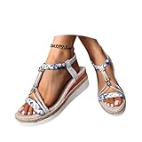  Minetom Sandalen mit Keilabsatz Damen Sommer Sandaletten Boho Freizeit Peep Toe Plateau Wedges Schuhe mit Strass Perlen A4 Blau 39 EU