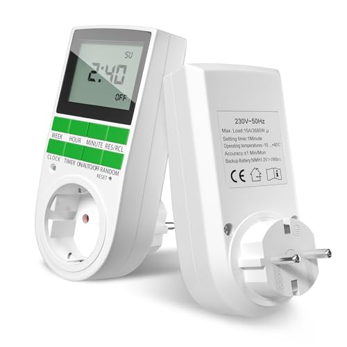 TobeBright 2X Temporizador Digital con 16 programas，230V Enchufe Temporizador con Modo Aleatorio para protección antirrobo - 3680W Enchufe Temporizador 16A Enchufe Temporizador Digital