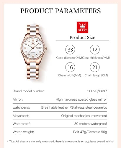 OLEVS Rose Gold Women's Watches, Ceramic Stainless Steel Band, Automatic Mechanical Watch, Waterproof Luminous Pointer Calendar, Diamonds Elegant Watches for Women, Red/Blue/White Dial [No Battery] - Image 7