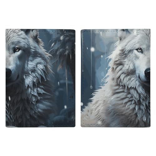 Étui de passeport loup assis dans la neige en cuir aquarelle 20.3x13.8cm