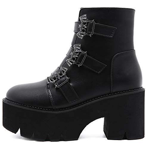 Yiya Women's Black Goth Platform Ankle Boots With Bat Wing Buckles Chunky Block Heels Round Toe Zipper Punk Motorcycle Combat Boots Comfy Short Gothic Booties #TOP2