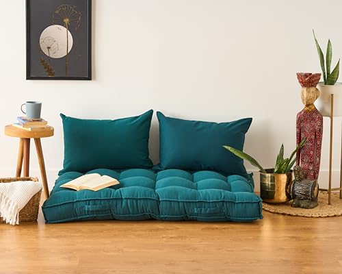 Image of SKANDA FAB Low Seating Cushion -100% Cotton Twill, Hand-Plotted Microfiber Filling, Floor Cushion with 2 Back Support Cushions - Ideal for Living Room, Balcony, Lounge- 80x120 Dark Green (Pack of 1)